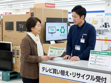 購入する電器店に古いテレビを不用品処分してもらう客