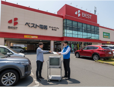 壊れた液晶テレビを受け渡し処分する作業員